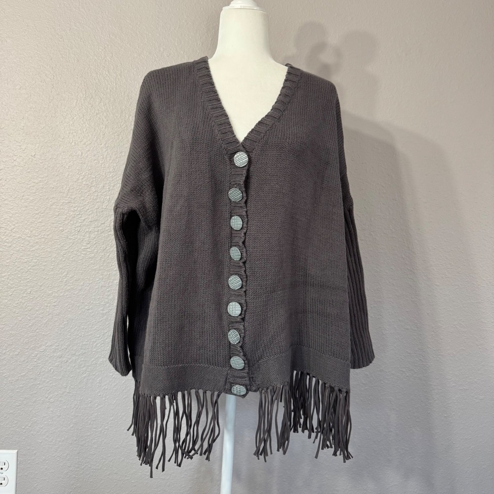 Pure Handknit Fresh‎ Produce Women's Size P/M Brown Fringe Hem Cotton Cardigan